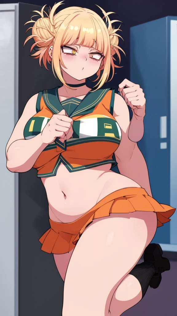 A girl truncheon beautiful crazy psycho beautiful sexy cute big breast hair braid ball yellow shine short cut her eye brown sleepless eye stress mood good dresses orange top green stripe sleeveless cheerleader shows navel and a short bright orange skirt black heel