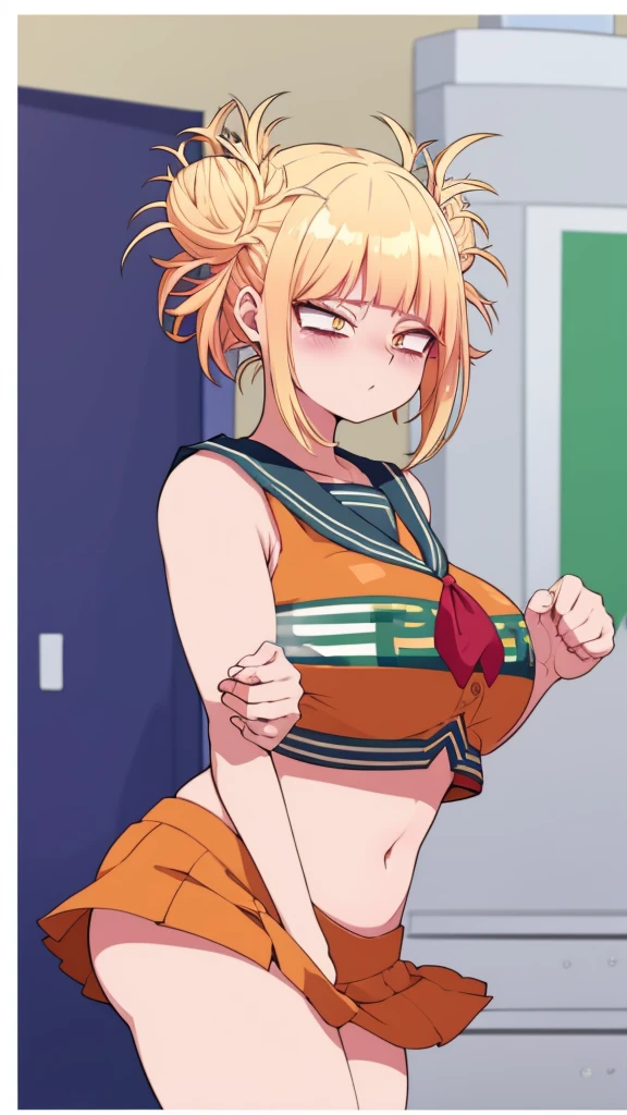 A girl truncheon beautiful crazy psycho beautiful sexy cute big breast hair braid ball yellow shine short cut her eye brown sleepless eye stress mood good dresses orange top green stripe sleeveless cheerleader shows navel and a short bright orange skirt black heel