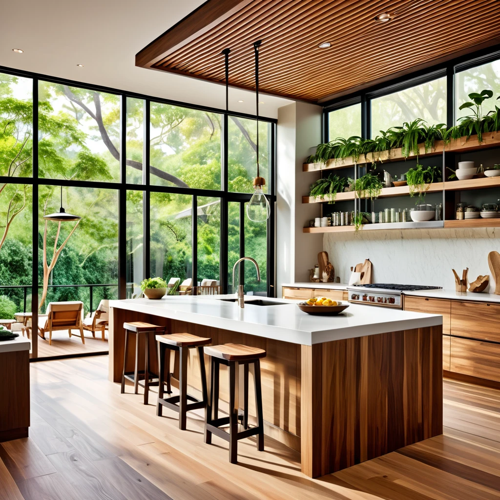 Design a modern and open kitchen with a blend of natural elements and sleek finishes. The kitchen features a central island with a built-in stove and a white countertop, accompanied by wooden bar stools. The cabinetry is a mix of dark and light wood finishes, creating a warm and contemporary feel. Above the island, incorporate a unique wooden slat ceiling feature with hanging plants for a touch of greenery. Large windows allow natural light to flood the space, highlighting the wooden flooring and clean lines of the design. Ensure the space feels both functional and inviting