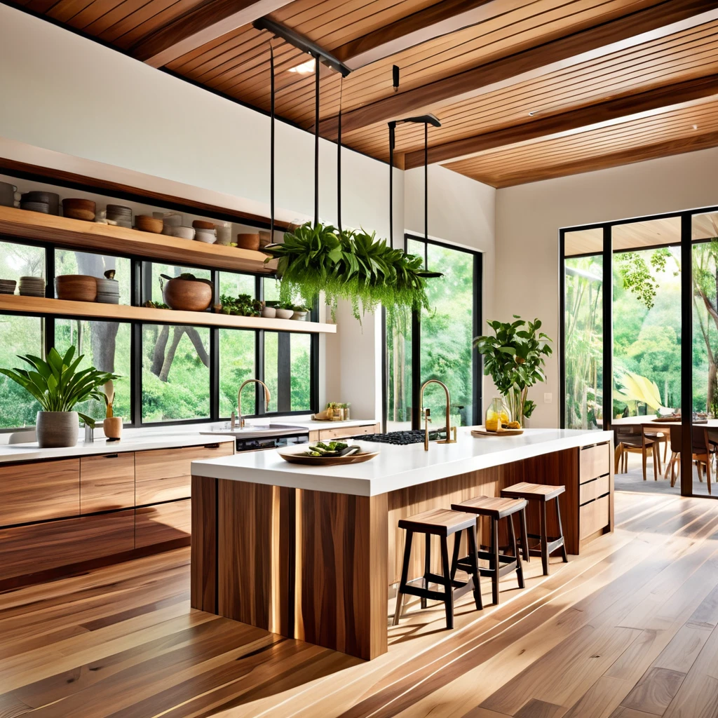 Design a modern and open kitchen with a blend of natural elements and sleek finishes. The kitchen features a central island with a built-in stove and a white countertop, accompanied by wooden bar stools. The cabinetry is a mix of dark and light wood finishes, creating a warm and contemporary feel. Above the island, incorporate a unique wooden slat ceiling feature with hanging plants for a touch of greenery. Large windows allow natural light to flood the space, highlighting the wooden flooring and clean lines of the design. Ensure the space feels both functional and inviting