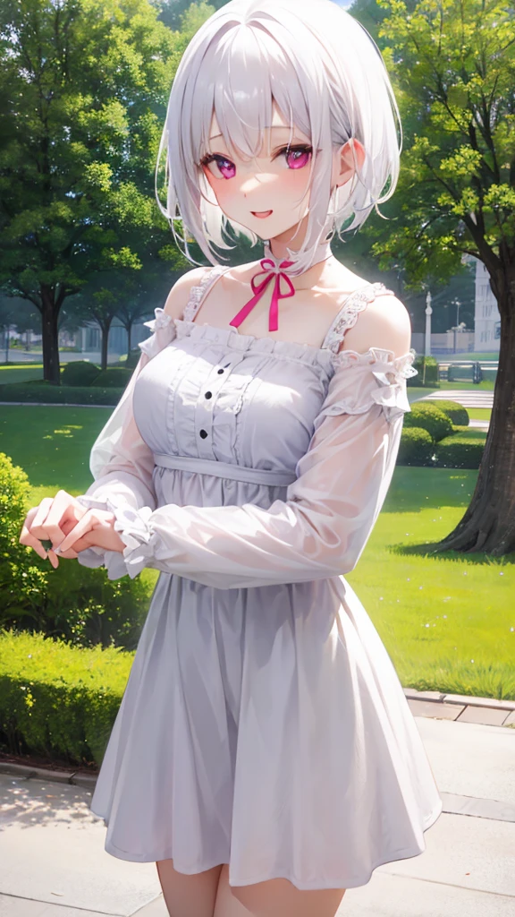 White Hair、Pink Eyes、Short Hair、laughing、Only one girl、alone、Cute、Face is close、Daytime、at the park、it's raining、With an umbrella