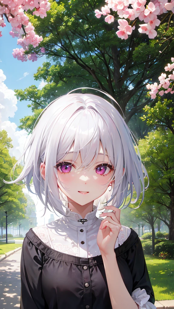 White Hair、Pink Eyes、Short Hair、laughing、Only one girl、alone、Cute、Face is close、Daytime、at the park、it&#39;s raining、With an umbrella