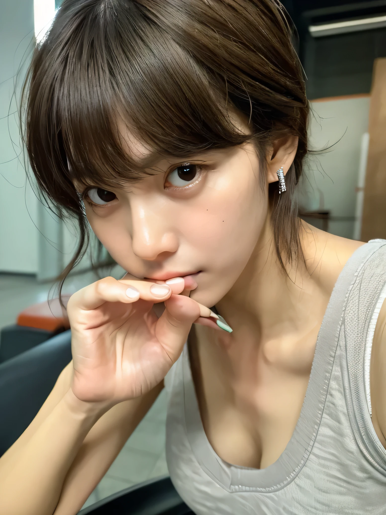 Look into the eyes,　Eye contact,　Front of face,　face,　Cross-legged,　indoor,　Brown Hair,　bangs,　Tank top,　Sweat,　clavicle,　shoulder,　Cross-legged,　chest,　Earrings,　Skin Moisture,　The gaze looking down on me,　Look at me,　Point the bottle,　baby bottle