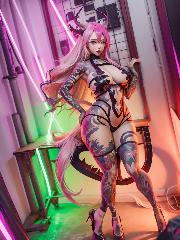 honkai impact, herrscher of thunder, very long hair, full body, pink hair, Sakura petals, Sakura long hair, great long horn, big demon wings, long tail, big tail, great tail