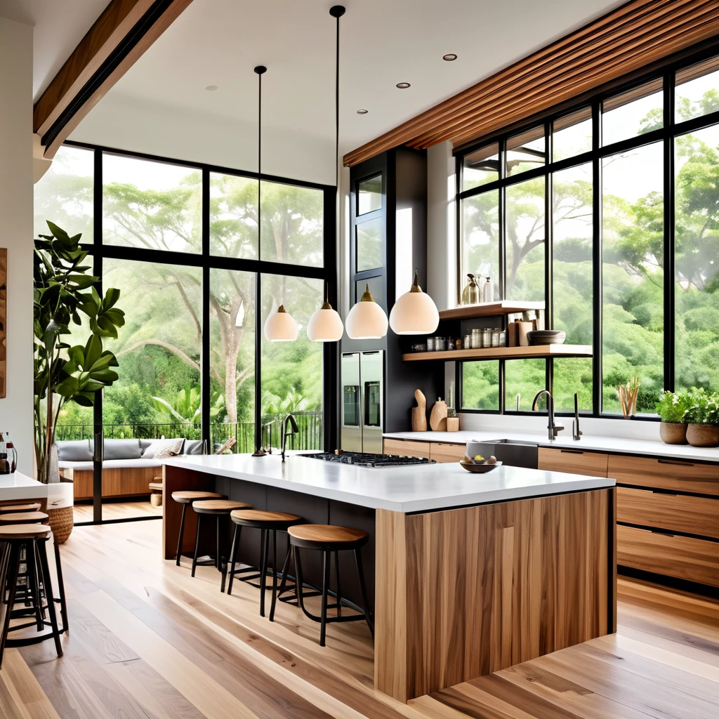 Design a stylish and functional kitchen with a mix of modern and natural elements. The space features a central island with a sleek white countertop and built-in stove, complemented by wooden bar stools. The kitchen cabinets are a combination of dark and light wood finishes, creating a contemporary and welcoming environment. Above the island, include a wooden slat ceiling feature with hanging plants for a touch of nature. Large windows ensure the kitchen is well-lit with natural light, highlighting the wooden flooring and clean, modern lines of the design. Focus on creating a space that is both elegant and practical.