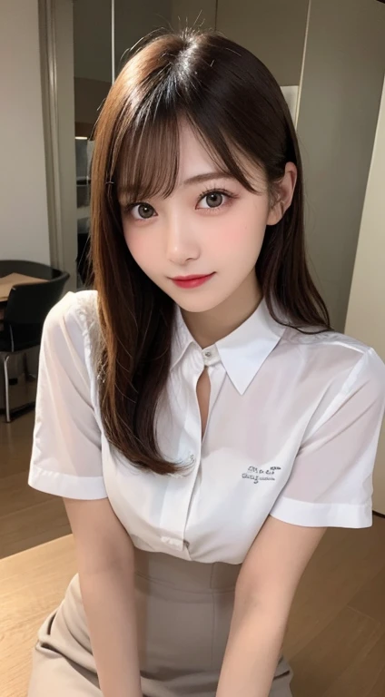 Tabletop, Highest quality, shape, Very detailed, finely, High resolution, 8k wallpaper, 完璧なダイナミックな構shape, Beautiful and exquisite, Medium Hair, Small breasts, Natural color lip, Random sexy poses,smile,20-year-old girl、Midnight、Beautiful and elaborate face、Perfect and beautiful face,Big eyes、RAW Photos、A feminine pose using the whole body、Beautiful and exquisite、Japanese office lady style、White shirt and tight mini skirt、Slim face and figure,Beautiful golden ratio face,Twin ponytail