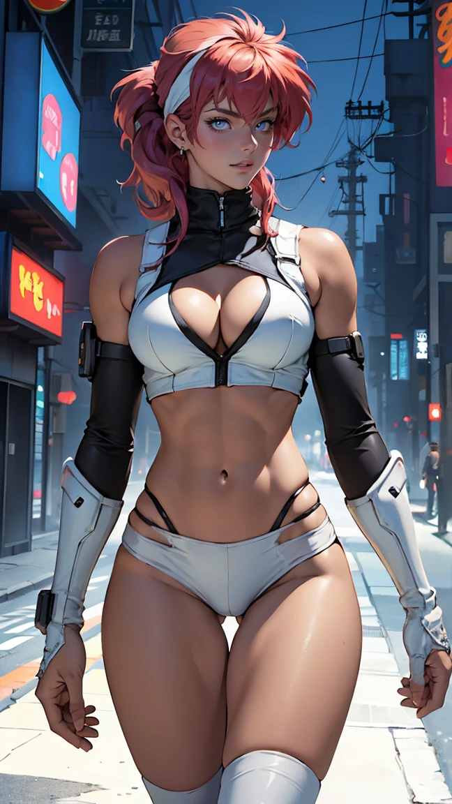 ((Masterpiece, highest quality; 1.3)), super quality, beautiful detail, super detailed, extra fine, 16K, exquisite, absurd, high resolution, beautiful background, detailed background, beautiful eyes, beautiful skin, anime style, Kay from Dirty Pair in a white outfit, tight outfit, cleavage, bushy redhead beauty, very light blue uniform, wearing tight clothes, skimpy, (mid chest: 1.2), cleavage, cleavage, slim waist , thin waist, slim thighs, thin legs, slim legs. thigh gap, showing stomach, skinny, thin hips, cyberpunk city background, holding retro space gun , headband, 