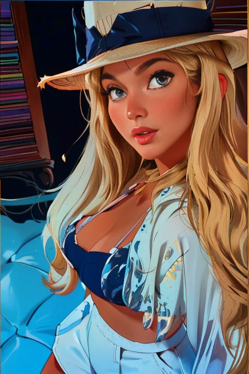 blonde woman in hat and blue shorts posing for a photo, Marisha Becker, looks like fabiula natal, lorena avarez, profile image, 🐎🍑, 🤠 using a 🖥, inspired by Tina Blondell, cowgirl, profile pic, inspired by Károly Lotz, Cl, blond, very low quality image, profile image