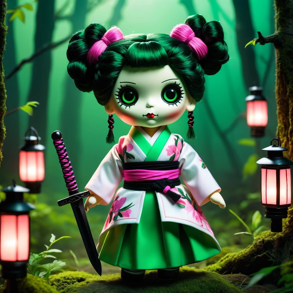 (knitted toy voodoo doll:1.7), (Voodoo Mitsuri Kanroji:1.5), (Clothing white kimono with an open neckline and a black skirt, green knee-highs:1.0), (hair pink on top and green pigtails:1.4), (holds a small sword:1.0), (background:dark mystical forest with glowing lanterns:1.2), (style:creepy, mesmerizing, detailed:1.3), best quality, masterpiece, detailed soft oil painting, detailed background, dramatic cinematic lighting, soft edge lighting, professional, dramatic lighting, hard edge lighting, ultra quality, 4k, masterpiece, best quality, 8k, ultra high definition, high resolution, extremely detailed

