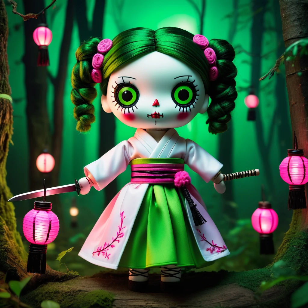 (knitted toy voodoo doll:1.7), (Voodoo Mitsuri Kanroji:1.5), (Clothing white kimono with an open neckline and a black skirt, green knee-highs:1.0), (hair pink on top and green pigtails:1.4), (holds a small sword:1.0), (background:dark mystical forest with glowing lanterns:1.2), (style:creepy, mesmerizing, detailed:1.3), best quality, masterpiece, detailed soft oil painting, detailed background, dramatic cinematic lighting, soft edge lighting, professional, dramatic lighting, hard edge lighting, ultra quality, 4k, masterpiece, best quality, 8k, ultra high definition, high resolution, extremely detailed