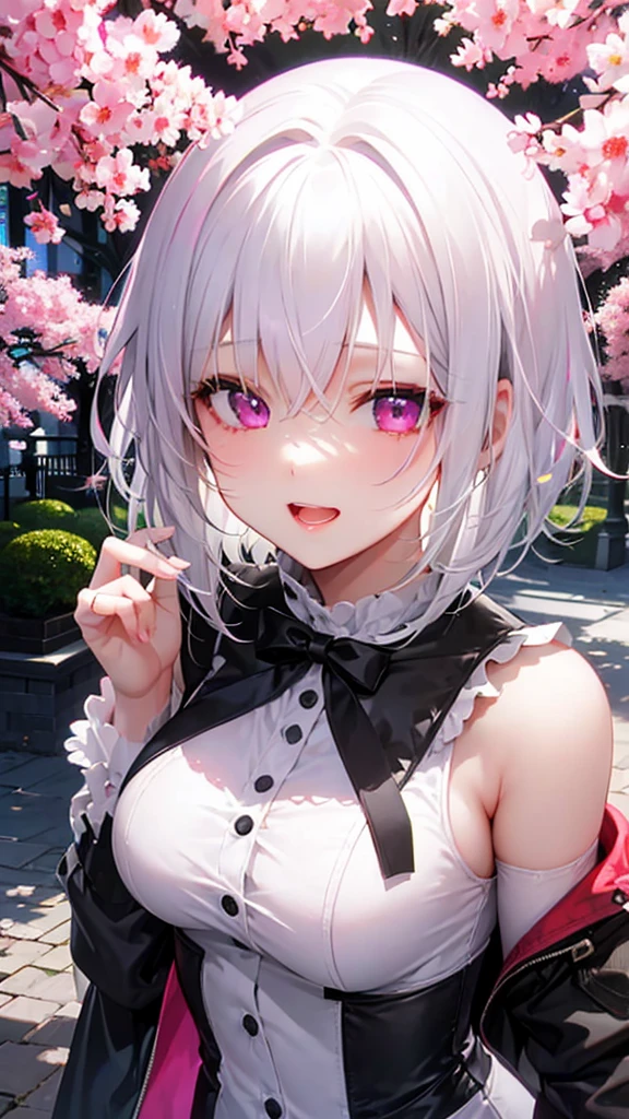 White Hair、Pink Eyes、Short Hair、laughing、Only one girl、alone、Cute、Face is close、Daytime、at the park、it&#39;s raining、With an umbrella