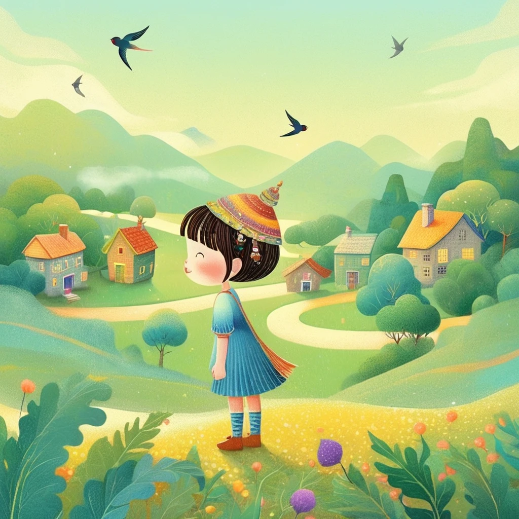 Digital illustration art, a comical illustration of a little girl adorned with many houses, trees, roots, a little swallow, etc. on her head. Her hair is composed of many houses and trees, and the background is green trees and hills (the background blends with the little girl's hair). Surrounded on both sides, it evokes the charm of a charming rural landscape. White background, the whimpering sound of Chinese calligraphy, vivid Ferdinand du Puigaudeau, Victor nizovtsev, retro tones, sparkling, reflective, best number, 8K, high-definition, high-resolution, dual exposure, beautiful digital illustrations,