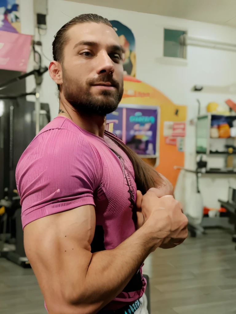 long hair and vains on biceps and big chest