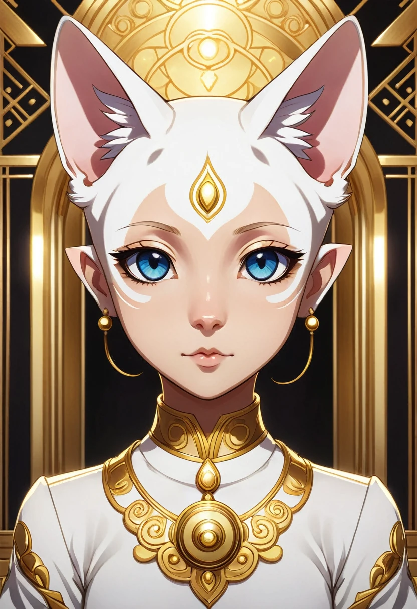 Sphynx Cat, Gold and cosmo, Isabelle, Okumura Masanobu, symmetrical eyes and face, elegant, Anime, symmetrical build, character portrait, cute face, cute atmosphere, Anime Background, hyperdetailed, 8k  