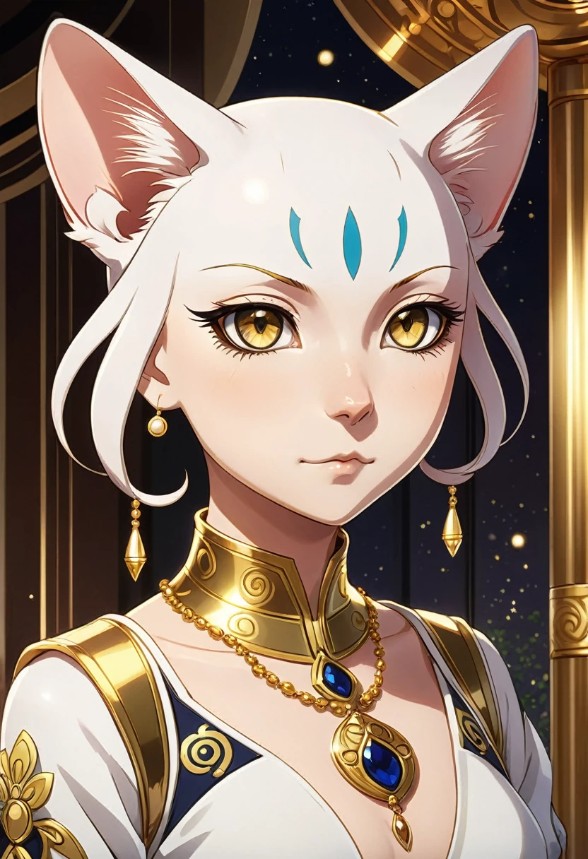 Sphynx Cat, Gold and cosmo, Isabelle, Okumura Masanobu, symmetrical eyes and face, elegant, Anime, symmetrical build, character portrait, cute face, cute atmosphere, Anime Background, hyperdetailed, 8k  