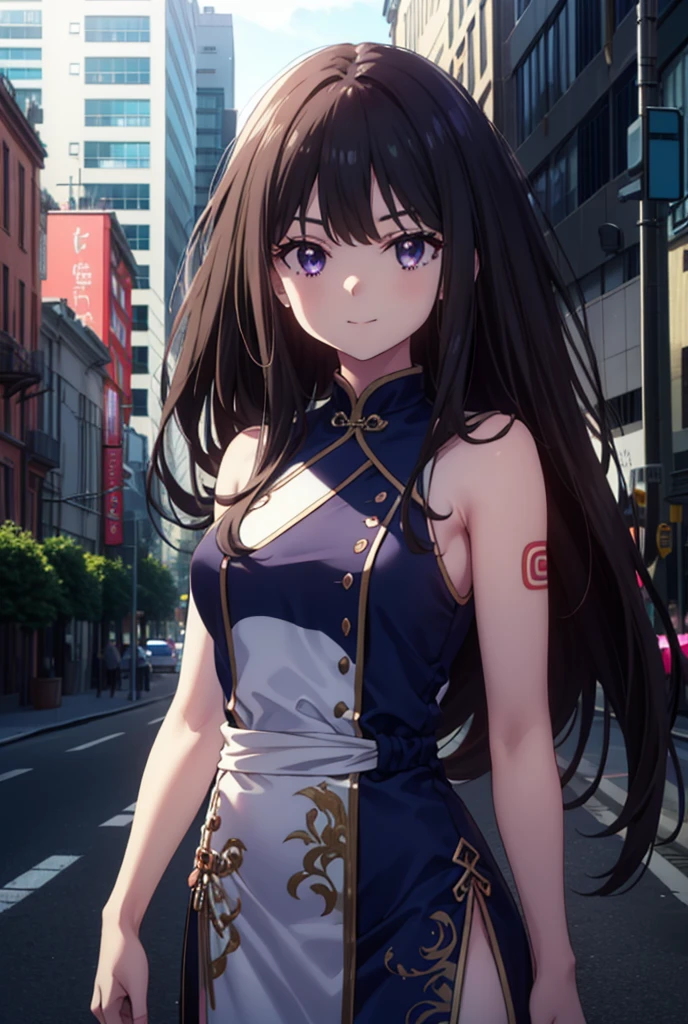 Takiuchi, Check it out, Long Hair, bangs, Black Hair, (Purple eyes:1.2),happy smile, smile, Close your mouth,Bossy,
Sleeveless blue Chinese dress,Blue long slit,Black pantyhose,Stiletto heels,whole bodyがイラストに入るように,Place your hands on your hips,
break outdoors,Building district,
break looking at viewer, whole body,
break (masterpiece:1.2), Highest quality, High resolution, unity 8k wallpaper, (shape:0.8), (Fine and beautiful eyes:1.6), Highly detailed face, Perfect lighting, Highly detailed CG, (Perfect hands, Perfect Anatomy),
break outdoors, city,
break looking at viewer, (Cowboy Shot:1.5),
break (masterpiece:1.2), Highest quality, High resolution, unity 8k wallpaper, (figure:0.8), (Beautiful attention to detail:1.6), Highly detailed face, Perfect lighting, Highly detailed CG, (Perfect hands, Perfect Anatomy),
