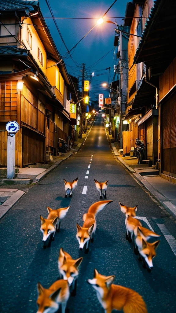 A flock of foxes、night、Japan Road、Low - Angle、Dynamic composition、