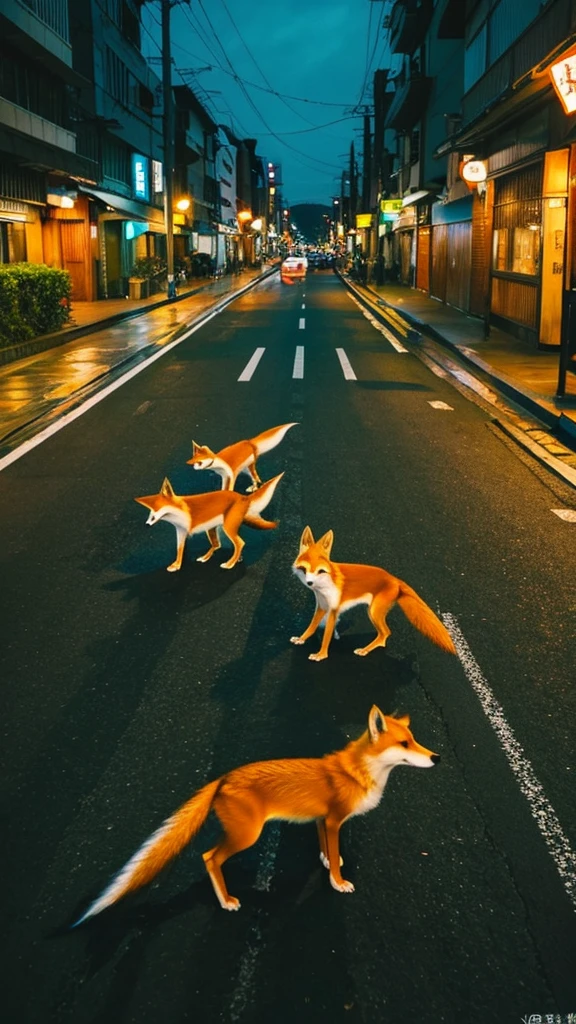 A flock of foxes、night、Japan Road、Low - Angle、Dynamic composition、