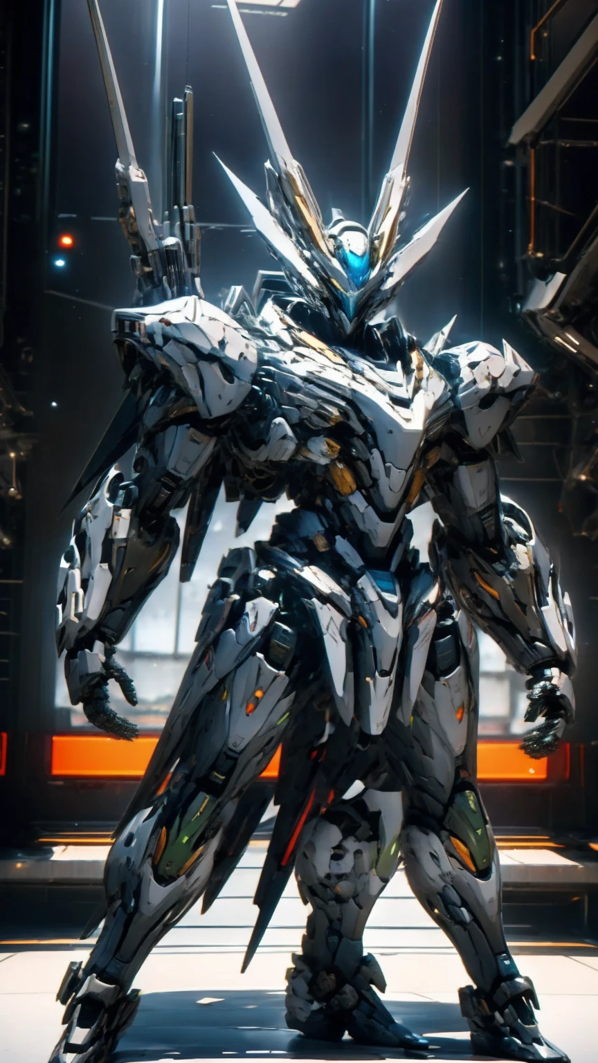 Real、high resolution、8K、Giant humanoid robot、Strike Freedom、In the hangar、fixed、The cockpit hatch in the center of the chest is open.、Full Body Shot、