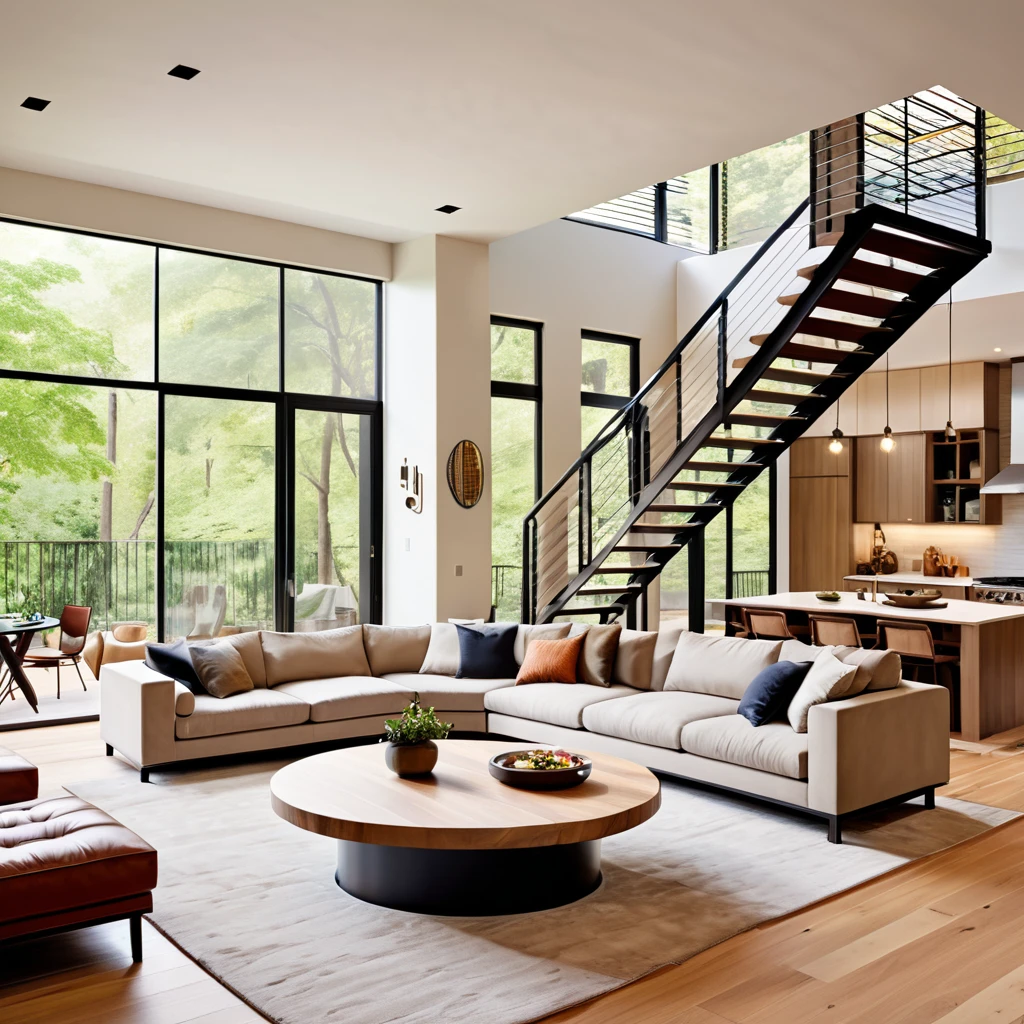 Design a modern and cozy loft living space with an open-plan layout. The room features a stylish spiral staircase leading to an upper level, a comfortable sectional sofa in warm tones, and a large ottoman for relaxation. The flooring is light wood, and a soft rug adds warmth to the space. The dining area includes a round table with contemporary chairs, and the kitchen area features sleek cabinets and modern appliances. The overall design should be a blend of comfort and sophistication, with a focus on clean lines and functional elegance
