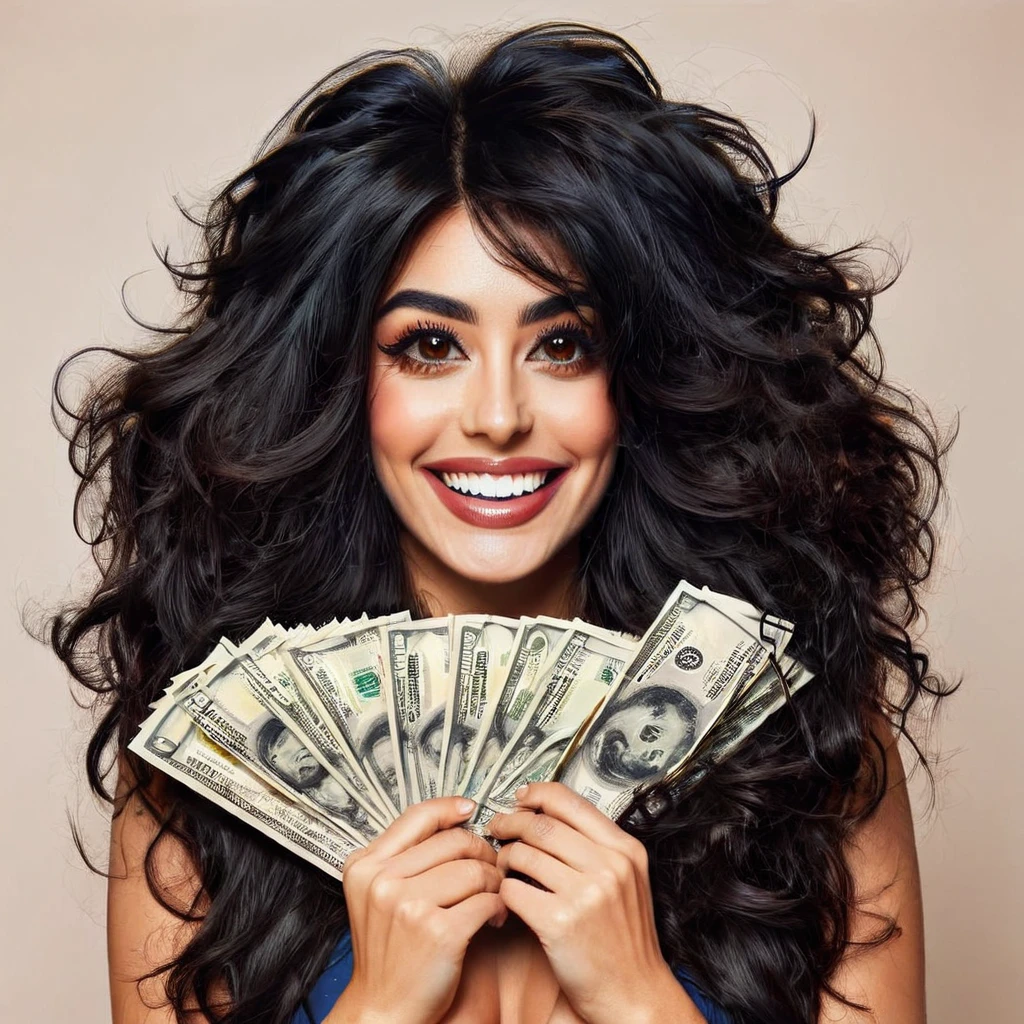 bearded woman beautiful shaggy beard, black hair, brown eyes, eyeliner, proud smile, seductive look, hold a load of dollar bills
