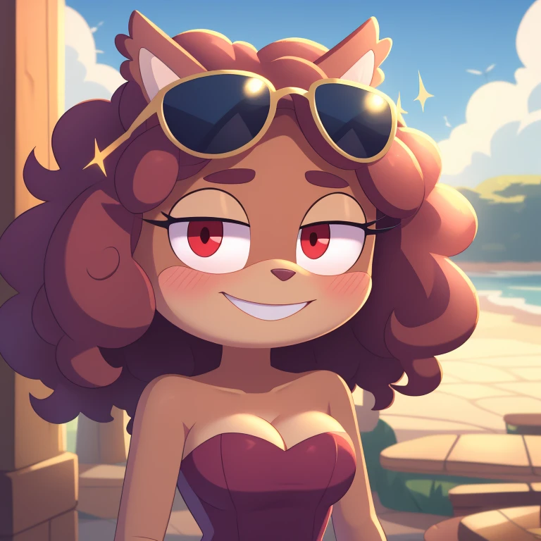 Mrs. Bunchuy, amphibia, strapless tight dress, cleavage, curly hair, halo, sunglasses, jewelry, red eyes, longeyelashes, red eyes, smile, shy, blush, high detail, masterpiece, UHD, anatomically correct, super detail, highres, 4K