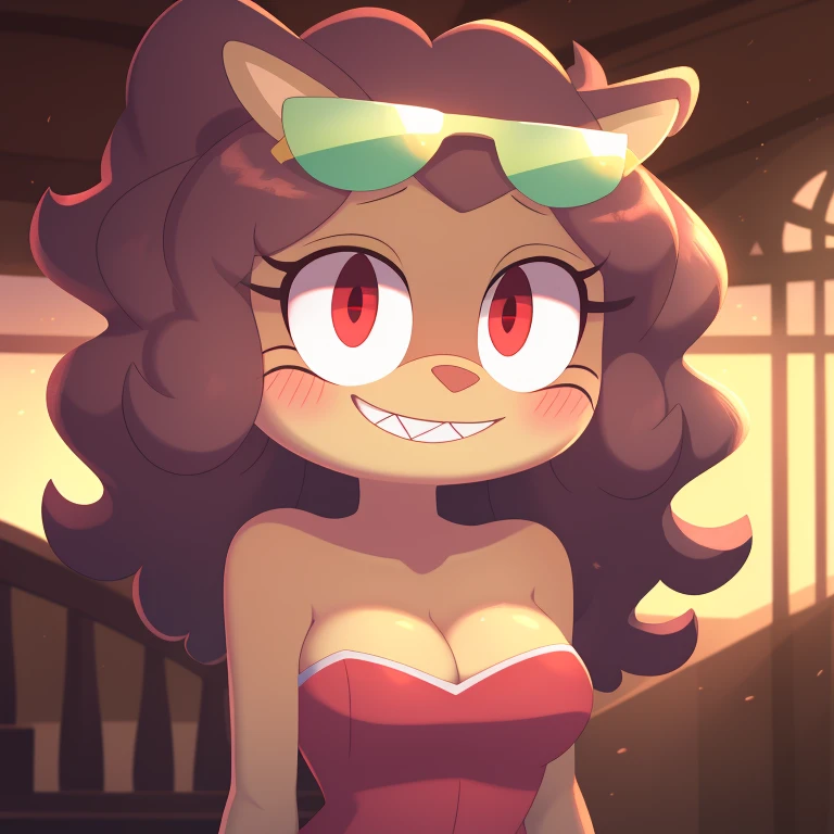 Mrs. Bunchuy, amphibia, strapless tight dress, cleavage, curly hair, halo, sunglasses, jewelry, red eyes, longeyelashes, red eyes, smile, shy, blush, high detail, masterpiece, UHD, anatomically correct, super detail, highres, 4K