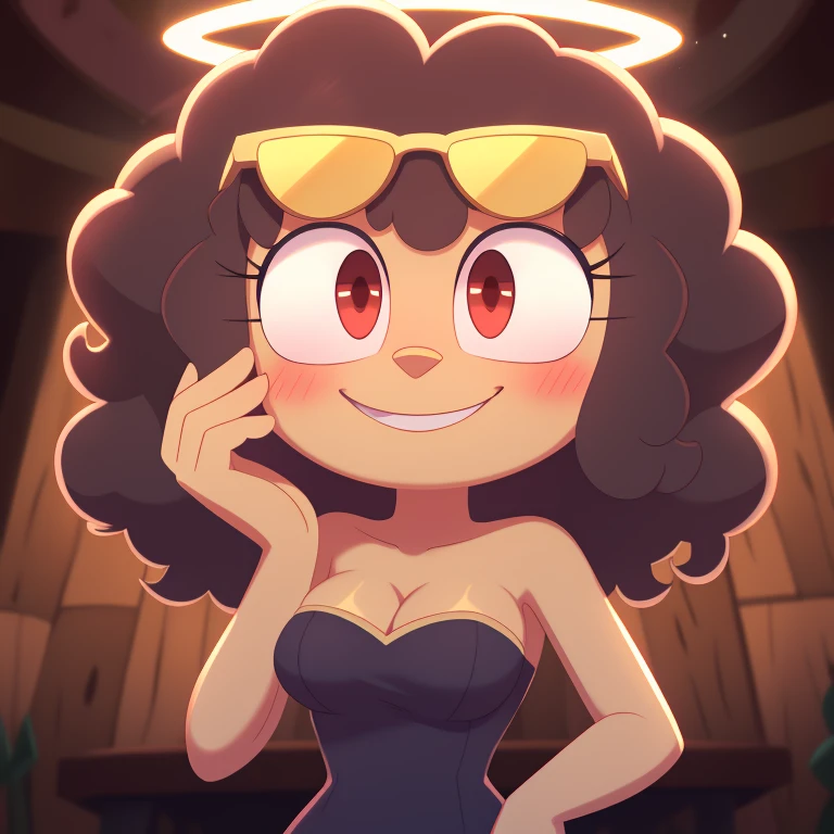 Mrs. Bunchuy, amphibia, strapless tight dress, cleavage, curly hair, halo, sunglasses, jewelry, red eyes, longeyelashes, red eyes, smile, shy, blush, high detail, masterpiece, UHD, anatomically correct, super detail, highres, 4K