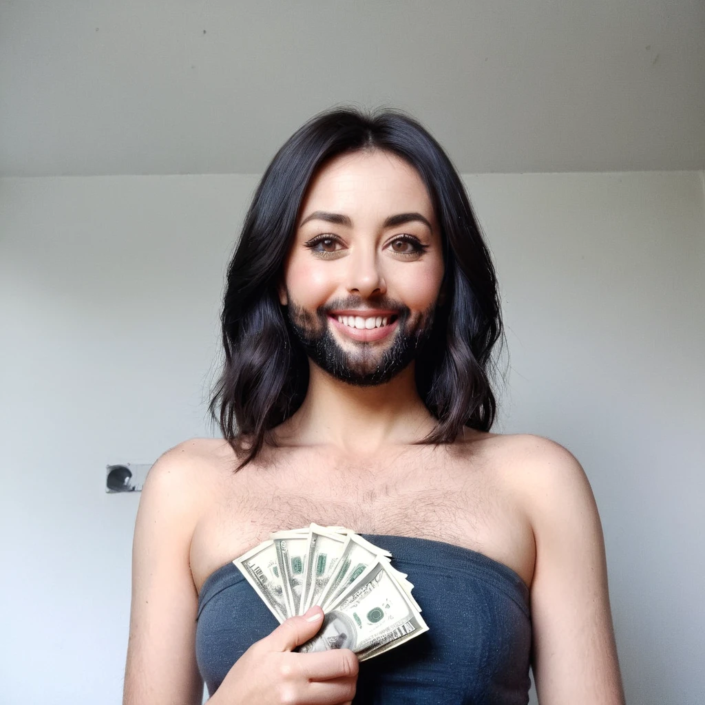 
bearded woman beautiful shaggy beard, black hair, brown eyes, eyeliner, proud smile, seductive look, hold a load of dollar bills