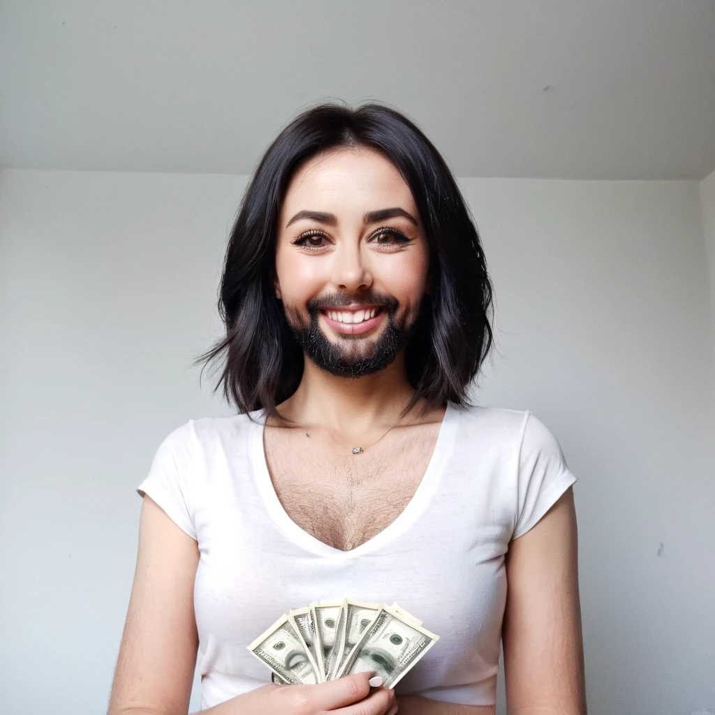 bearded woman beautiful shaggy beard, black hair, brown eyes, eyeliner, proud smile, seductive look, hold a load of dollar bills