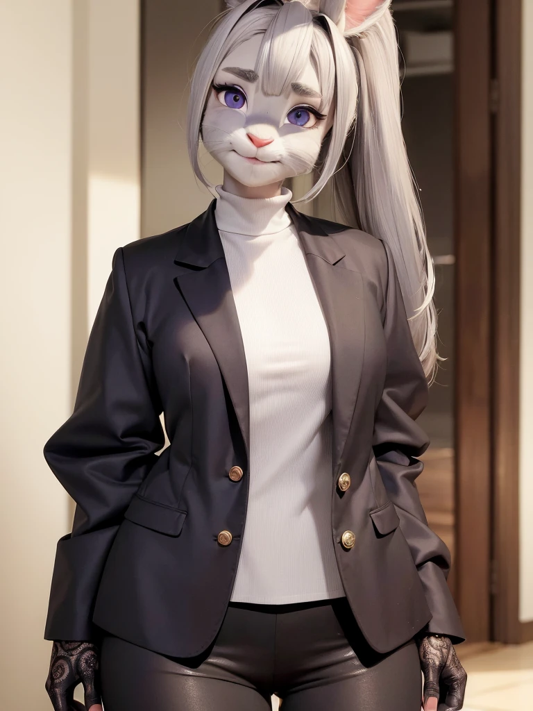 best quality,
masterpiece,
hyper Realistic,
ultra-detailed,
beautiful detailed,
4K,8K,High level,
PIXAR,
Photo real,
Portrait,
Looking at the audience,
background is an office,
Realistic lighting,
((anthropomorphic rabbit)),
detailed animals,
Complex patterns,
((whole body gray fur)),
((rabbit hands)),
(Face is JudyHopps:1.35),
((long straight hair)),
wispy bangs, bangs,
purple eyes,
(arched eyebrows:1.2),
(uplift eyebrows:1.1),
(rabbit ears:1.1),
office lady is wearing suit,
((White blouse)),
(Black blazer jacket:0),
((Black skirt)),
clothes made of cotton,
(solo:1.5),
(1 lady:1.5),
one character only
alone,
Perfect Anatomy,