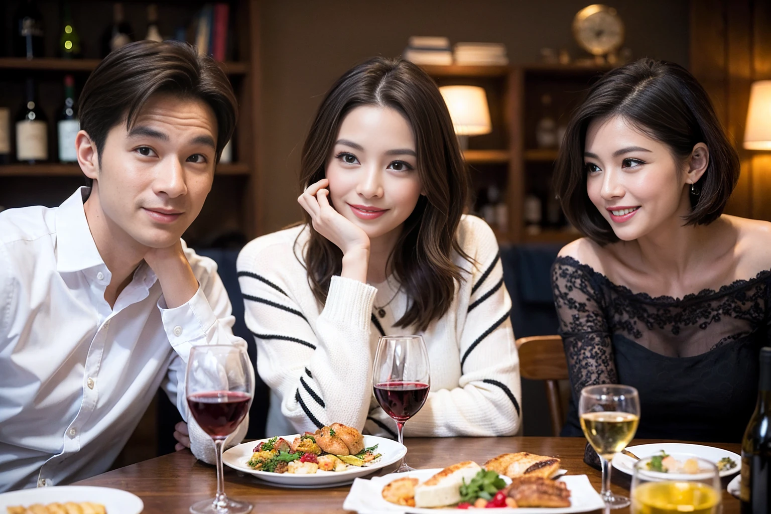 ((Highest quality、8K、masterpiece:1.3))、 (Genuineistic, Genuine、Bright image、Intricate details:1.2), 最高のsmile 男性1人 女性1人、Beautiful couple、spouse、Relatives and friends、spouse、actress couple、smile、Full-course dinner at a packed table、 (Slim face), (the body is slim), (Brown Hair), (short hair), テーブルのwine glass、Please shine a light on my face、 Amazing view of the sunset sky and clouds、 (33 years old)38 years old, red wine 、Appetizers、Wine bottle、sparkling wine、Long sleeve shirt、dress、White wine, red wine, wine glass, 