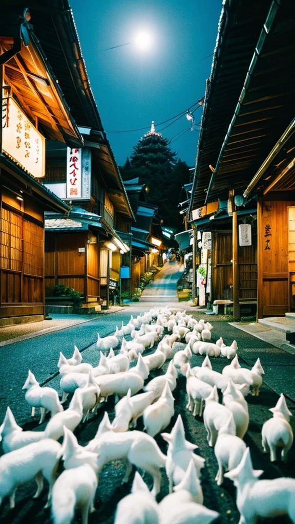 A flock of white foxes、night、Japan Road、shrine、Low - Angle、Dynamic composition