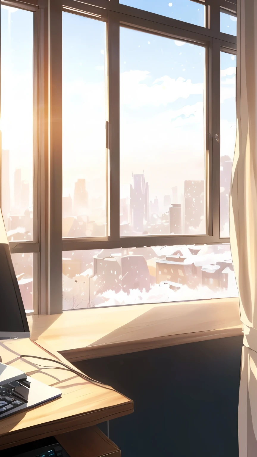 a girl sitting at a desk in front of a window, working on a computer in a cozy anime-style studio, detailed digital painting, sunlight streaming through the window, cityscape background, Makoto Shinkai art style, intricate background details, soft lighting, warm color tones, high-quality, high resolution, photorealistic, 8K,Pure Landscape