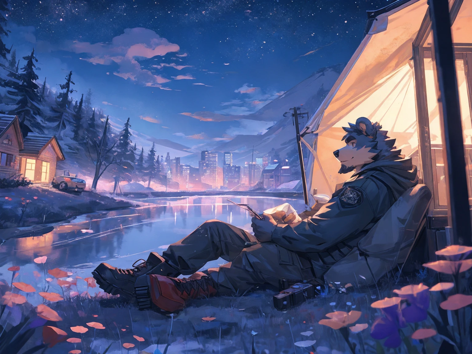 (masterpiece:1.2), best quality,pixiv,official art,perfect anatomy, (Ray tracing, light),solo, (1_male:1.3) , (muscle), (grey fur:1.4), (muscle bear), (beard:1.2), (gleaming golden eyes), bear tail, Thick black eyebrows, (open hooded parka) , (naked inside:1.2), cargo pants, (boots:1.2), (A skyline at lakeland:1.3),twinkling stars, Milky Way, outdoors ,solo camp , camping, flower road, flower . trees