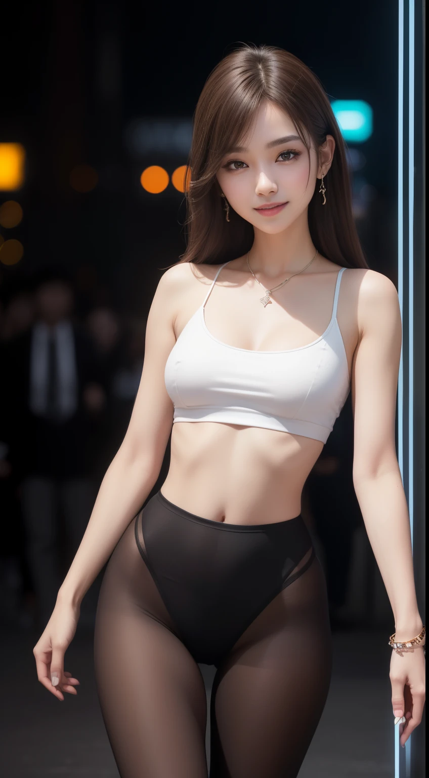 8K, masterpiece, RAW Photos, Highest quality, Realistic, extremely detailed CG unity 8K wallpaper, Depth of written border, Cinematic Light, Lens flare, Ray Tracing, (Very beautiful face, Beautiful Lips, Beautiful Eyes), Intricately detailed faces, (Ultra-dense skin) 1 Girl, In the Dark, Deep Shadow, Cute Korean Girl, K-Pop Idols, 1 Girl, (Very slim slender fit-muscled body:1.3), (Looking at the audience)), (Big smile:1.3), (Fashion City Night, Dark Night, (Neon Signs), (Blurred Background), Fashion Street Night), (No people in the background:1.3), Beautiful earrings, bracelet, necklace, pantyhose, Clear Eyes, walk, (White skin), (Big Eye Ace Forward, (Brown hair body shot), (Whole body I'm completely naked, Panties are removed down to the thighs:1.3), (I'm completely naked)), (Lace dress)), (Looking at the audience:1.3) Open chest, Very slim, Medium chest, Ass Focus, In front of the eyebrows, (Her panties were down to her thighs、buttocks are completely exposed.), (Panties are pulled down), Medium sized butt,Perfect Anatomy