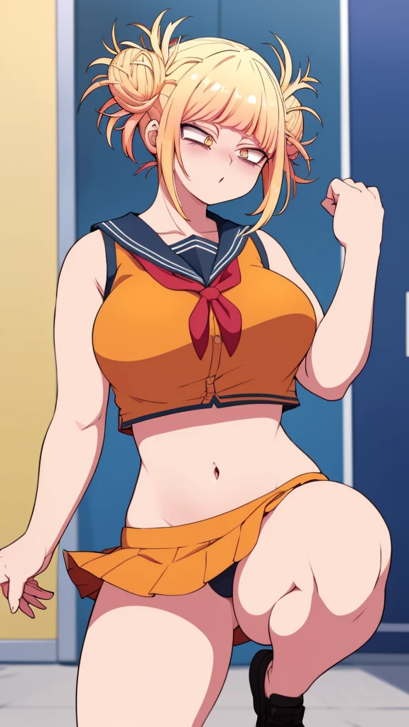 A girl truncheon beautiful crazy psycho beautiful y cute big breir braid ball yellow shine short cut her eye brown sleepless eye stress mood good dresses orange top green stripe sleeveless cheerleader shows navel and a short bright orange skirt black heel
