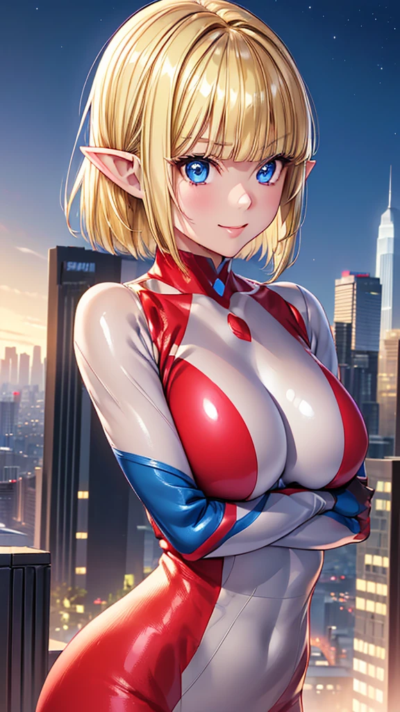 (Cowboy Shot、Very close)、((Focus on the upper body))、(((32k、masterpiece、High resolution、High resolution)))、1 young elven girl))、((Beautiful blonde))、short hair、((Beautiful Blue Eyes))、((Pointy Ears))、、Smiling Kindly、blush、Pink Lip Gloss,((The shiny, skin-tight Ultraman costume、Cosplay、gloves))、((Skyscraper rooftop at night))、((Arms folded behind back、Emphasize the chest))