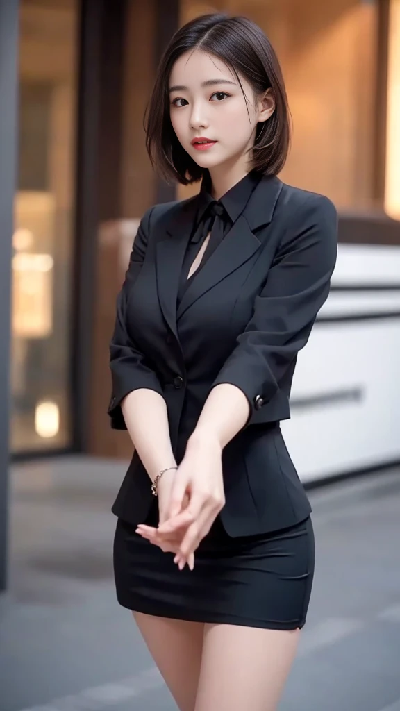 best quality, masterpiece, 1 Girl, Pretty Face, 25 years old,Mature,(photo Practical:1.3), Rim Light, (High Detail Skin:1.2), 8K uhd, Digital SLR Camera, high quality, high resolution, 4K, 8K, Bokeh, absurd, The best ratio of four fingers and one thumb, (Practical:1.3), cute 1 Girl, Wearing a black formal suit jacket, Medium breasts, Short skirt,