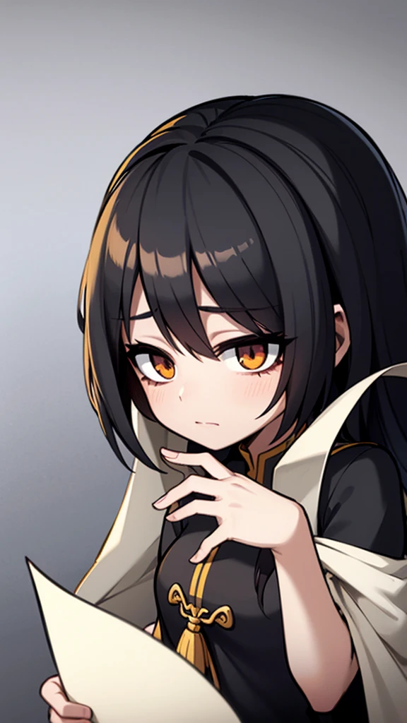 Black Hair Girl。Long Hair。Black eyes。Fleeting。Up to the chest。White dress。Background is solid color。Anime style illustrations。Facing the camera。