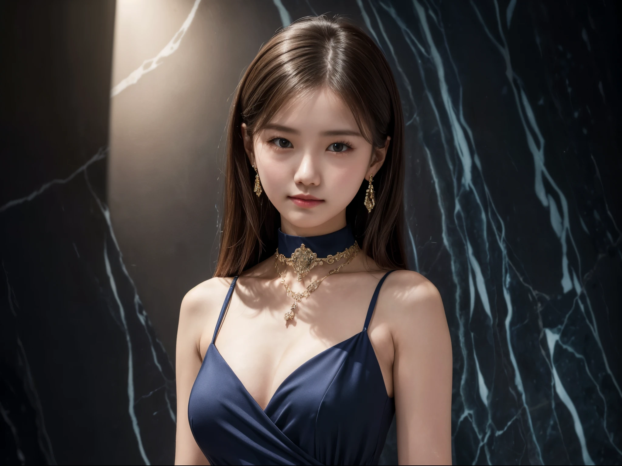 1girl, centered, detailed face, wears a harmonious deep blue color outfit, (very elegant modern layered formal oufit:1.2), realistic, (strong direct frontal spotlight lighting:1.2), simple and stylish dark background, (stylized marble background:1.2), (solo:1.2), intricate bulk earring and necklace, intricate ornamental glamorous choker necklace, delicate hairpin, (show full of her torso:1.2), (show her bodyshape:1.2), (full body:0.8), (looking at viewer:1.2), (****, cute:1.2), (breasts:1.2),