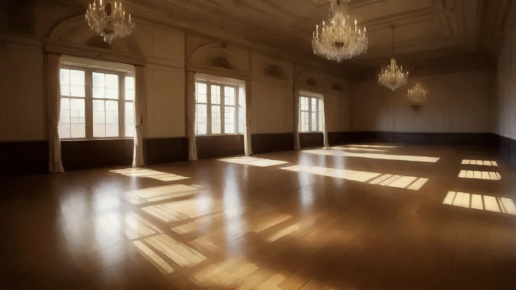 painting of empty dance hall, with bars, wooden floor, chandeliers, by edgar degas painting