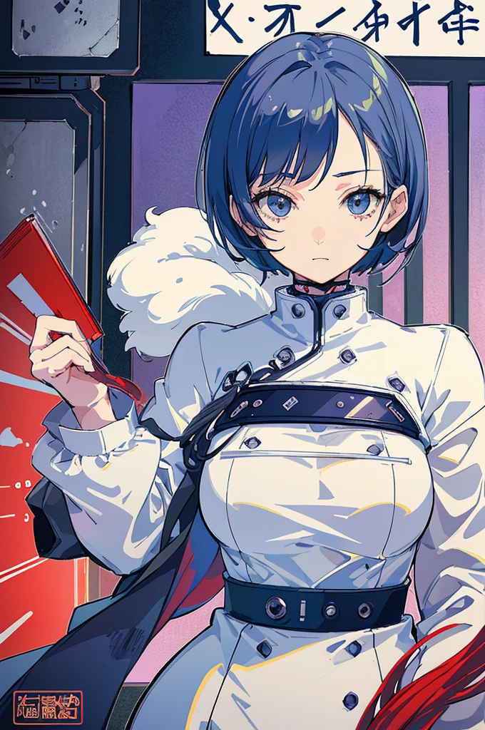 (masterpiece: 1.2, best quality), (1 lady, solo, upper body: 1.2), Hair: short cut, Clothing: oversized denim jacket and combat boots, underground or street art exhibition, android girl perfect for the future, cyborg girl, blue cyborg, cyborg - girl with silver hair, cyber machine female face, modern cyberpunk anime, cyborg girl, cyberpunk ads, perfect anime cyborg woman, porcelain cyborg, perfect cyborg woman, beautiful android ((modern clothes)) Looking at the viewer, looking at the camera,Magazine cover,a close up of a poster with a person on a cell phone, by Shinoda Toko, by Tadashi Nakayama, by Hirohiko Araki, manga cover style, manga comic book cover, by Yokoyama Taikan, inspired in hirohiko araki, by Yoshiyuki Tomino, by Yoshihiko Wada, by Yumihiko Amano