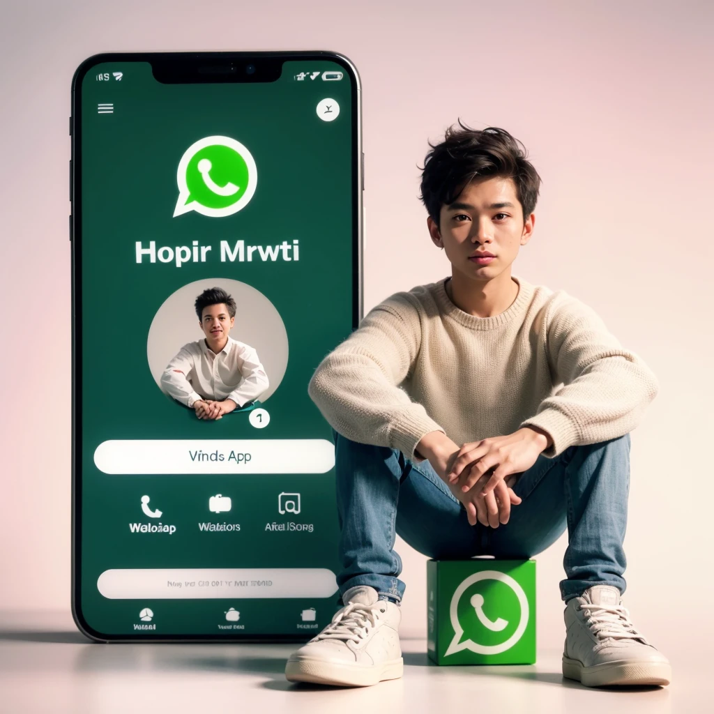 Create a 3D illustration of an animated character of a 33 year old man with straight medium hair sitting in a box with the social media logo "WhatsApp". Characters must wear modern casual clothing such as jeans jackets and sneakers. The background of the image is a social media profile page with the name "Yudha Rivanza"