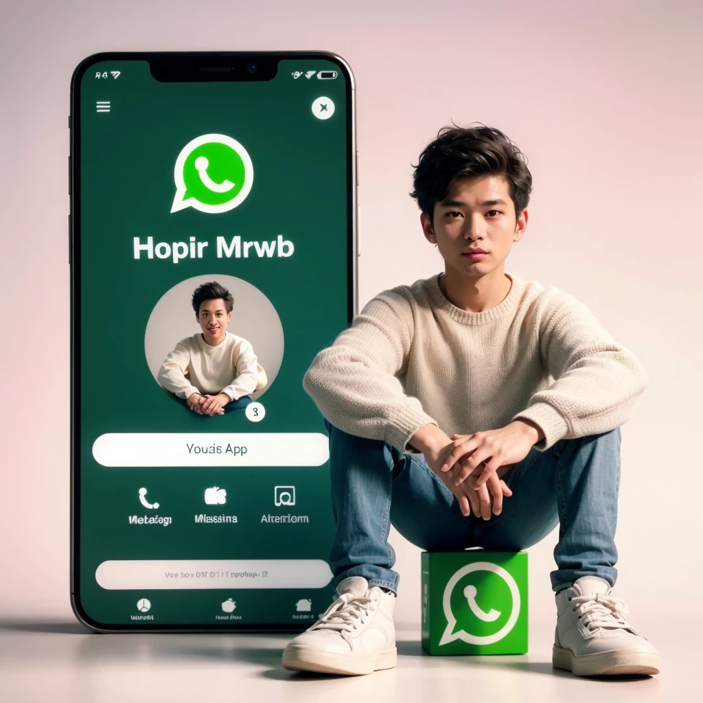 Create a 3D illustration of an animated character of a 33 year old man with straight medium hair sitting in a box with the social media logo "WhatsApp". Characters must wear modern casual clothing such as jeans jackets and sneakers. The background of the image is a social media profile page with the name "Yudha Rivanza"