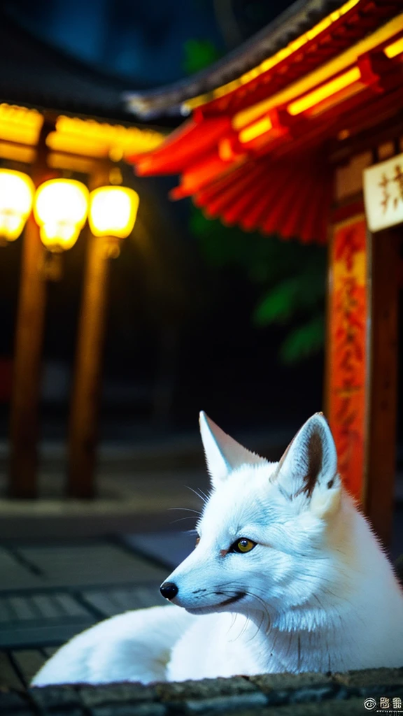 White fox、Close-up、night、Japan Road、shrine、Low - Angle、Dynamic composition、Background blur