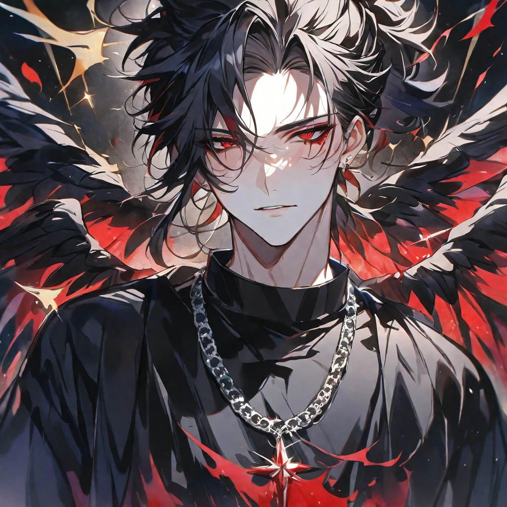 Solo,handsome,Watercolor,
delicate,4K,
1. male,
black hair and half White hair, ponytail,
red eyes,
black angel's feather,
a black oversized T-shirt,
silver necklace,devil,King, priest,BLOOD,
improvement of face, front, sparkle,Face up,
black background