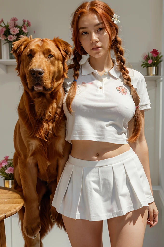 1 girl with red hair in braids, body and face facing the front of the screen, eyes looking straight, looking forward, hair woven with many flowers, white skin, big breasts, big butt, multicolored short skirt, polo shirt white, with angel wings, standing next to a Tibetan mastiff, posing seductively