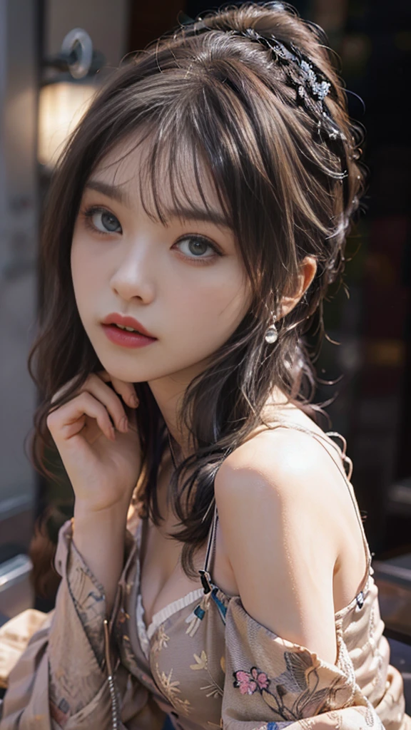 Highest quality,detailed,fine quality picture,masterpiece,ultra high-resolution,(realisticphoto:1.2),so cute Japaneseidle(actress),beautiful eyes,beautiful maked up face,beautiful skin,delicate,very small and flat breasts,thin lips,natural colored lips,looking at viewer,off_shoulder