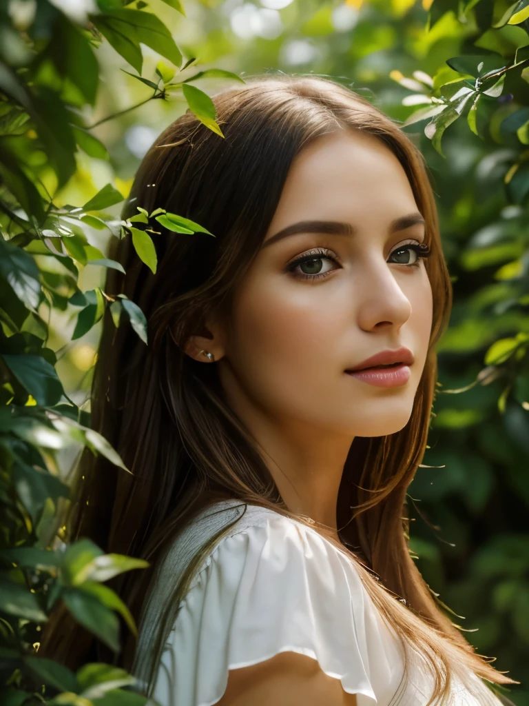 a gorgeous young european woman, 23 years old, standing in a lush summer garden, wearing a flowing white dress, long wavy brown hair, beautiful detailed eyes, beautiful detailed lips, extremely detailed face and skin, longeyelashes, serene expression, sunlight dappling through the leaves, vibrant green foliage, colorful flowers, golden hour lighting, (best quality,4k,8k,highres,masterpiece:1.2),ultra-detailed,(realistic,photorealistic,photo-realistic:1.37),highly detailed,intricate details,cinematic lighting,beautiful natural scenery,natural outdoor setting,warm color palette